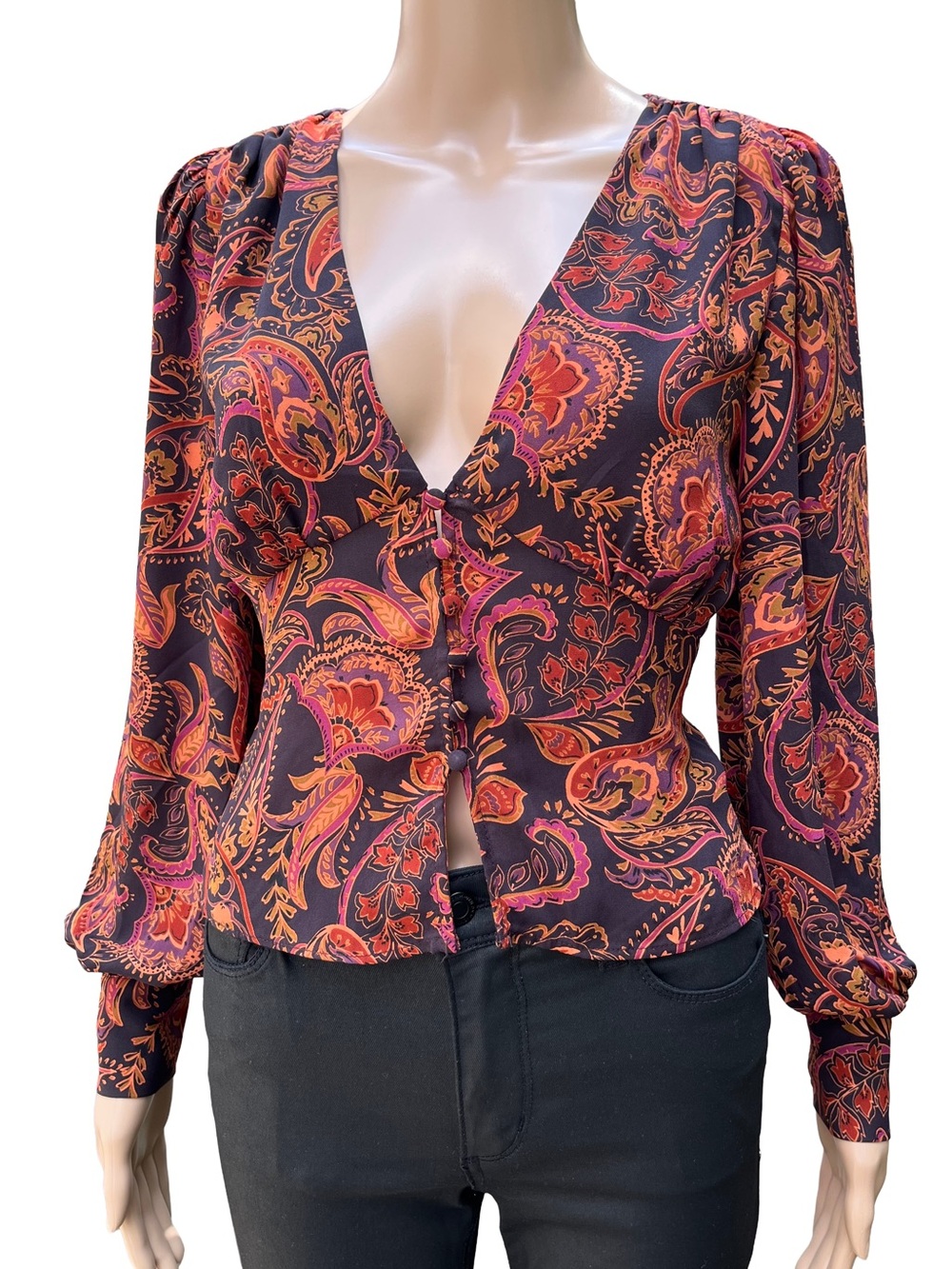 Dynamite Paisley Bishop Sleeve Button Front Blouse XS - Picture 2 of 10